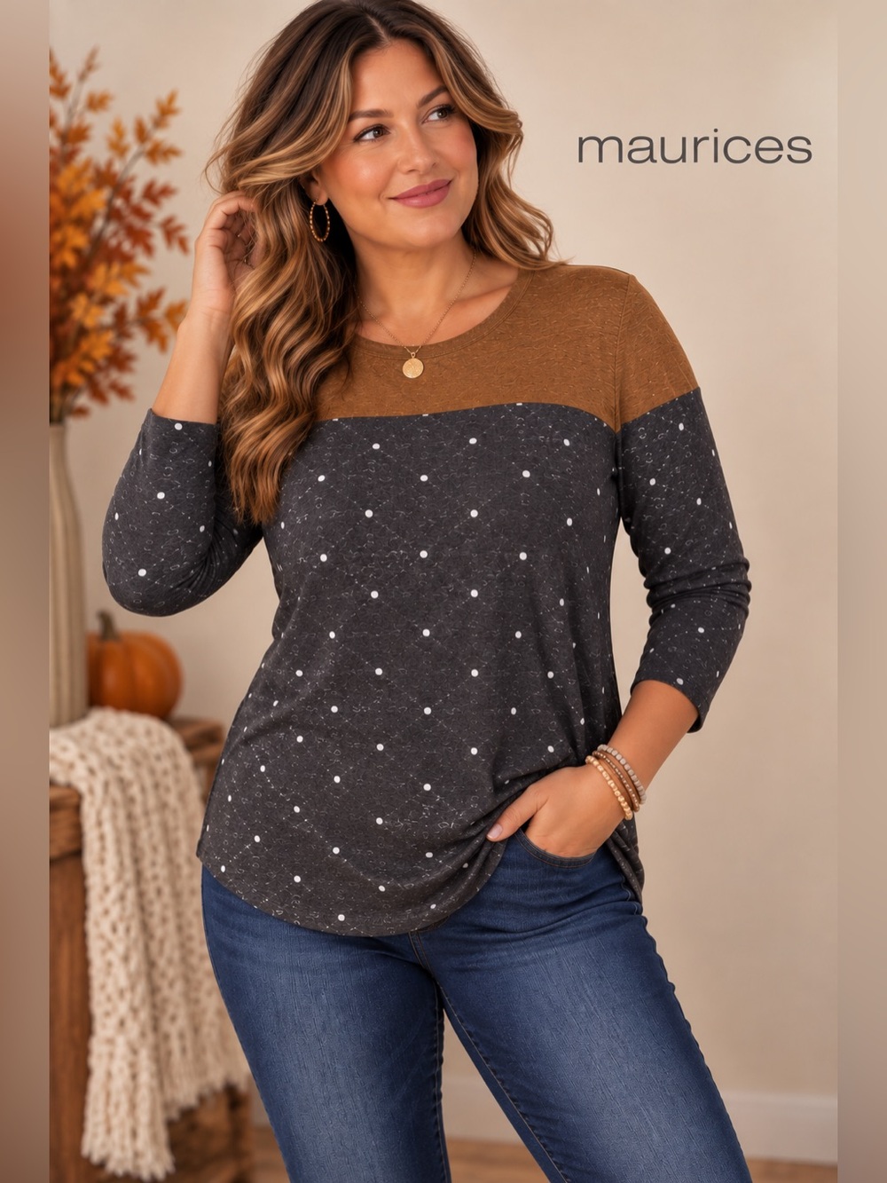 Maurices 24/7 XXL Polka Dot Knot Hem Mixer Tee Camel Gray Fall Top